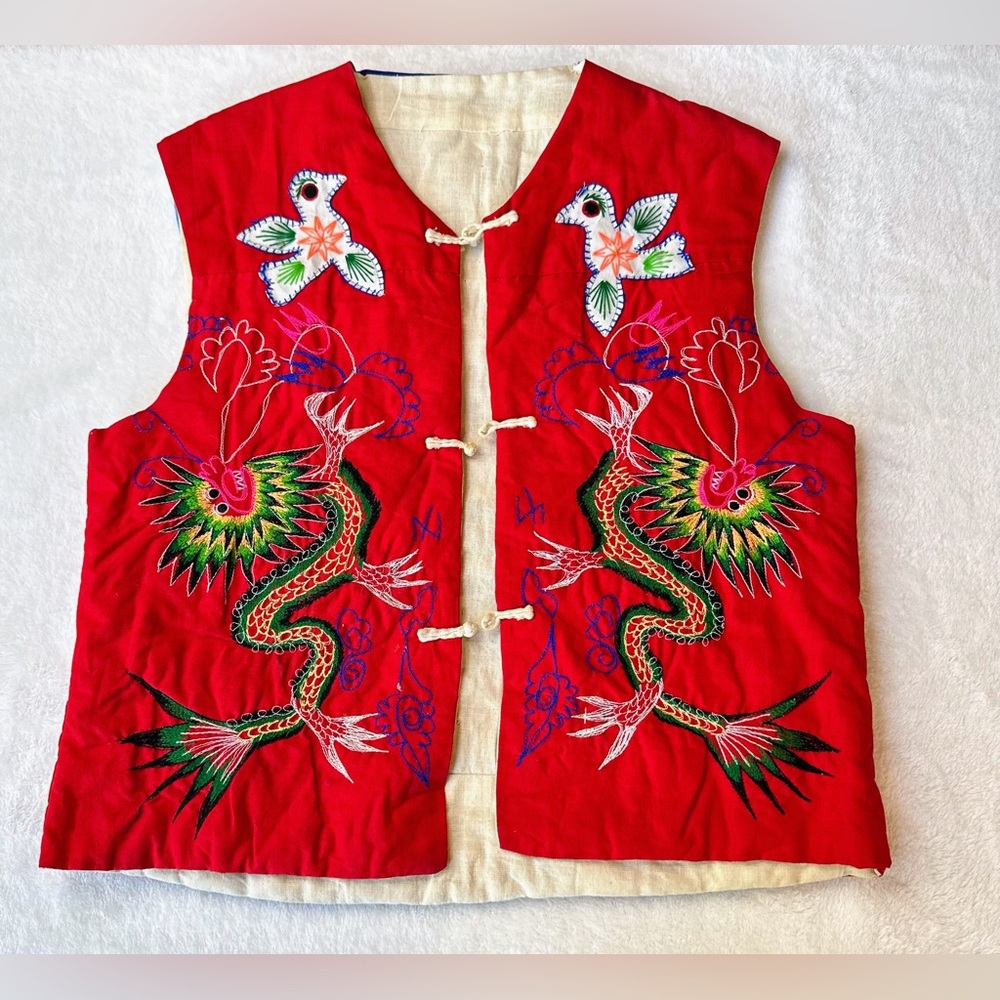 Embroidered Dragon Design Patchwork Vest Size Med… - image 2